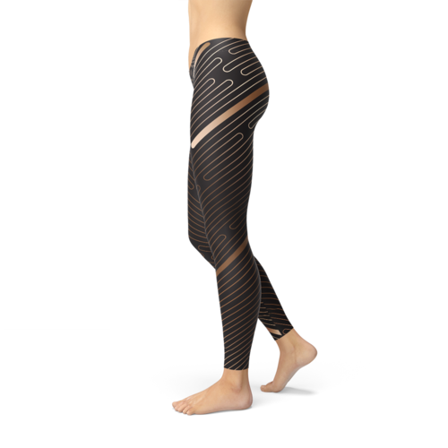 Black athletic striped line leggings for women with sheer mesh panels on side legs