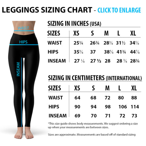 Leggings sizing chart showing waist hips and inseam measurements in inches and centimeters for athletic striped line leggings for women