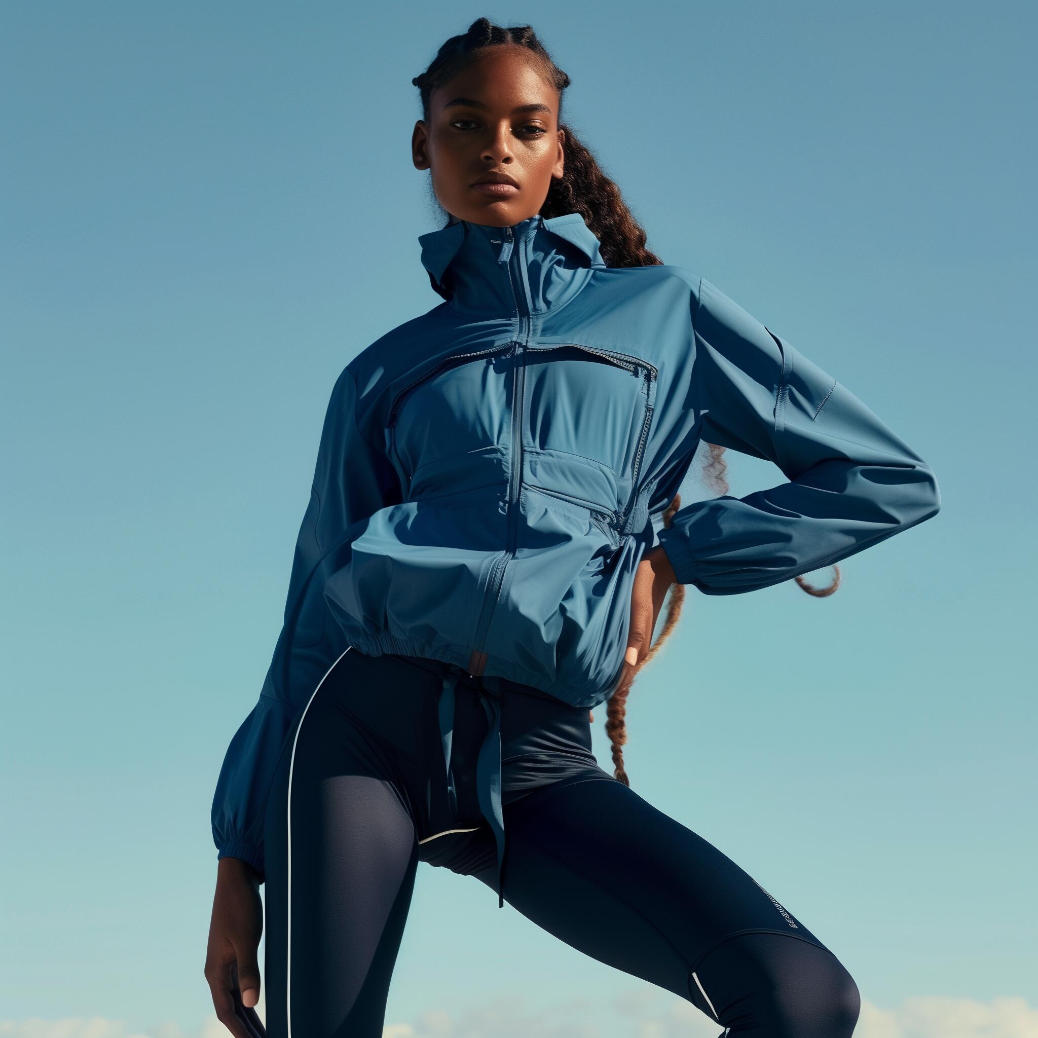 Woman wearing navy blue windbreaker and high-waisted leggings – GlamnFam activewear top