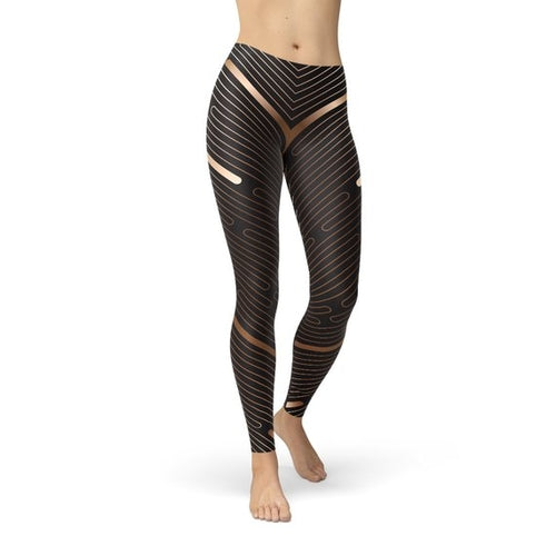 Black athletic striped line leggings for women with geometric patterns and high waistband